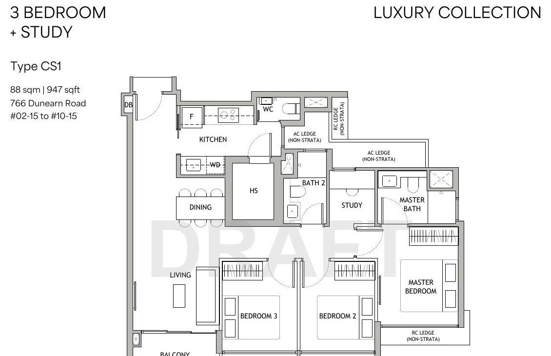 3 Bedroom + Study Type CS1 floor plan — 947 sqft